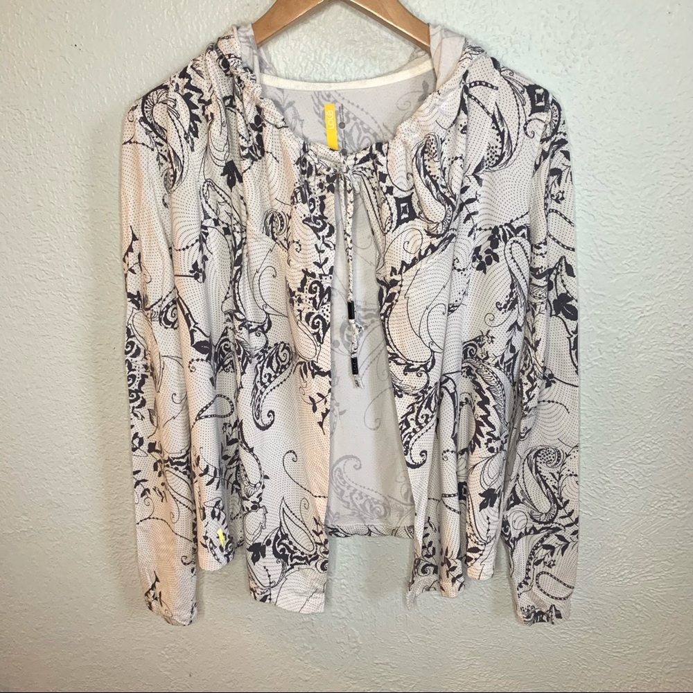 Lole White floral pattern open front hooded jacket